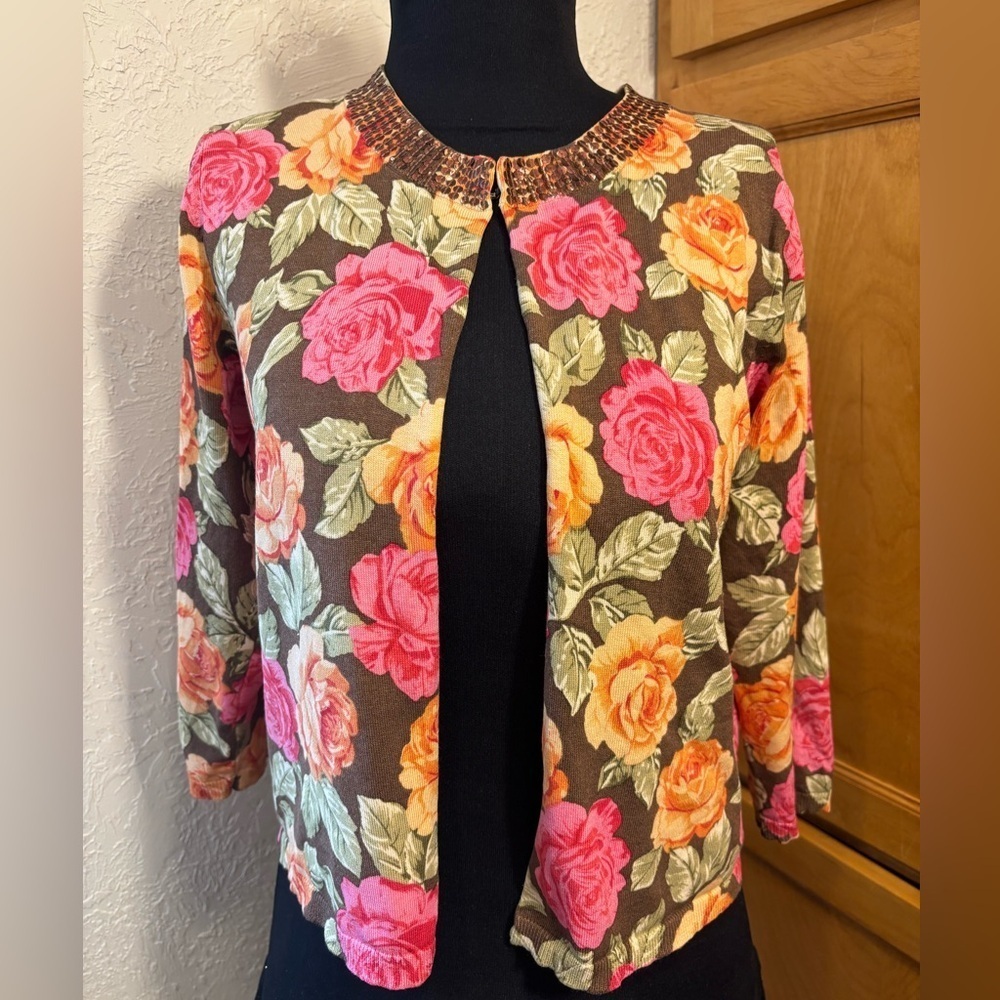 August Silk Vintage Cardigan Pink and Orange with Floral Design